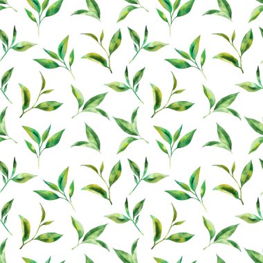 Çay pürüzsüz bir desen bırakır. Çay yapraklı yemek arkaplanı elle çizilmiş suluboya. Kağıt, tekstil, ambalaj ve duvar kağıdı için çay arkaplanı.