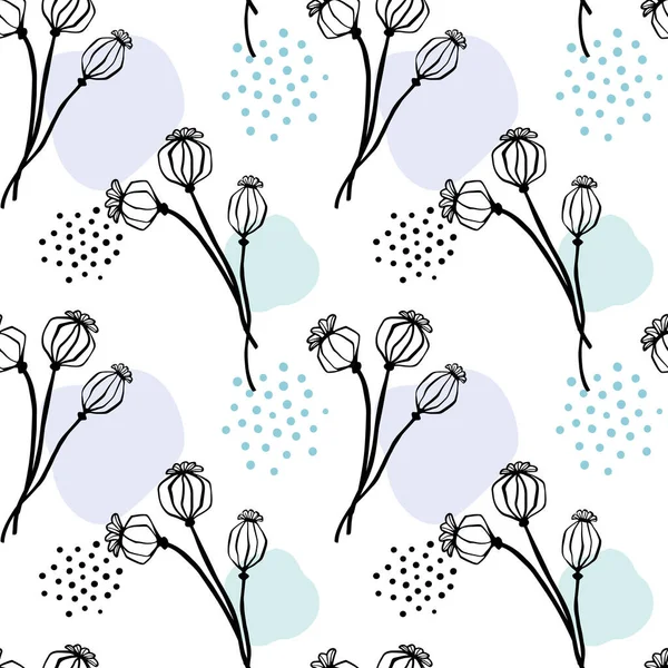 Poppy flower and poppy seed head seamless pattern. Line art. Hand drawn sketch. Colourful abstract background on white.