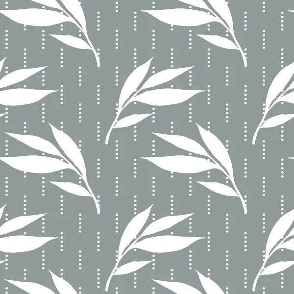 Floral background with white leaves in hand drawn style. White leaves seamless pattern on grey. Foliage  background for paper, textile, wrapping and wallpaper.