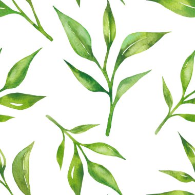 Çay pürüzsüz bir desen bırakır. Çay yapraklı yemek arkaplanı elle çizilmiş suluboya. Kağıt, tekstil, ambalaj ve duvar kağıdı için çay arkaplanı.