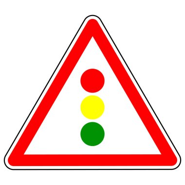 Trafik lambası yönetmeliği uyarısı. Trafik ışığına yaklaşma uyarısı. Trafik kuralları, işaretler ve güvenli sürüş işaretleri. Beyaz arka planda izole bir nesne. Vektör illüstrasyonu.