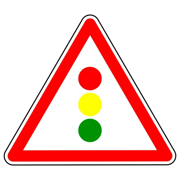 Figyelmeztető jelzőtábla Forgalmi fény szabályozás. Figyelmeztetés a közlekedési lámpa közeledéséről. Közlekedési szabályok, jelzések és jelölések a biztonságos vezetéshez. Elszigetelt tárgy fehér háttérrel. Vektorillusztráció. — Stock Vector