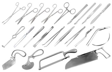 Cerrahi aletler ayarlandı. Cımbız, neşter, Liston 'un bıçağı, pens, makas, Folkman kancası, Meyer forsepsi, iğne, Langenbek testeresi, beyin bıçağı, Charriere kemik testeresi, Bergman Engel Plaster testeresi. Vektör