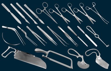 Cerrahi aletler ayarlandı. Cımbız, neşter, Liston 'un bıçağı, pens, makas, Folkman kancası, Meyer forsepsi, iğne, Langenbek testeresi, beyin bıçağı, Charriere kemik testeresi, Bergman Engel Plaster testeresi. Vektör