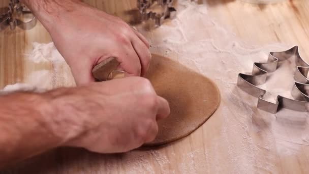 为圣诞节准备姜饼饼干的人 切割起始点 收割者 圣诞树和姜饼人 — 图库视频影像
