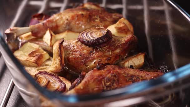 Beautiful Roasted Duck Legs Apples Onions — Stock Video