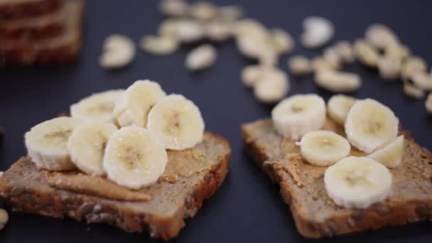 Preparation Vegan Sandwich Banana Peanut Butter — Stock Video