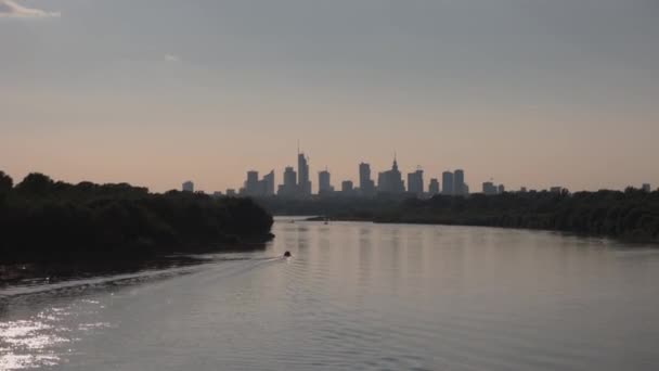 Puesta Sol Sobre Centro Varsovia Vista Desde Puente Siekierkowski — Vídeos de Stock