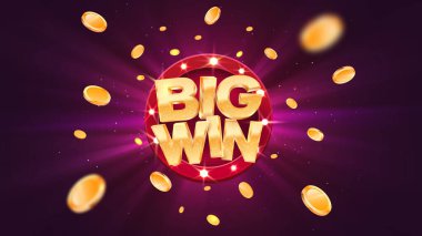 Big win gold text on retro red board vector banner. Win congratulations in frame illustration for casino or online games. Explosion coins on purple background. vector stock vector
