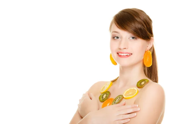 Diet. Girl with necklace of fresh citrus fruits isolated — Stock Photo, Image