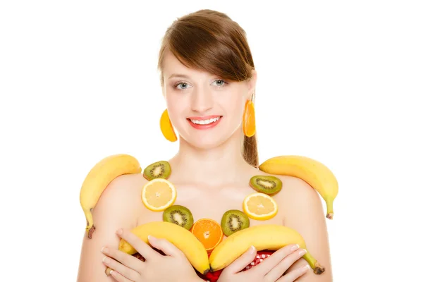 Diet. Girl with necklace of fresh citrus fruits isolated — Stock Photo, Image