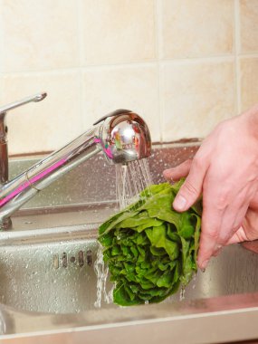 adam mutfakta taze sebze yıkama