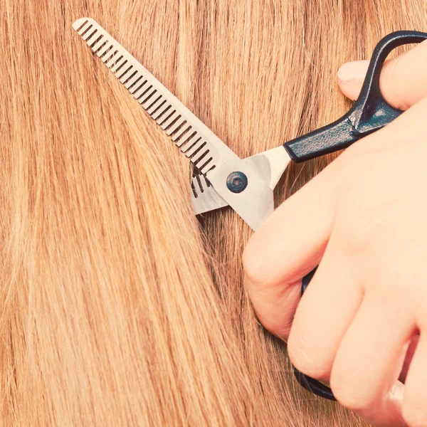 Details aus nächster Nähe. Spezialschere schneidet Haare. — Stockfoto