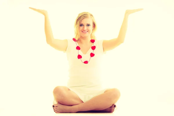 Woman with little red hearts. Charity. — Stock Photo, Image