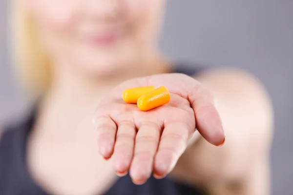 Woman Holding Protective Ear Plugs Getting Rid Noise Loud Place — Stock Photo, Image