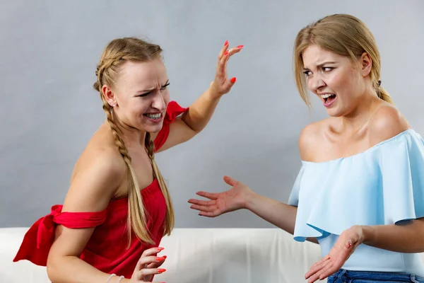 二人の若い可愛い女性が喧嘩をして怒っている 友情の競争と羨望の問題 — ストック写真