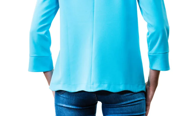 Unrecognizable Woman Presenting Her Casual Beautiful Outfit Long Sleeved Blue — Stock Photo, Image