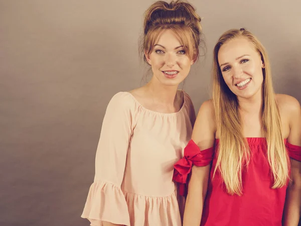 Happy Positive Female Friends Wearing Fashionable Clothing — Stock Photo, Image