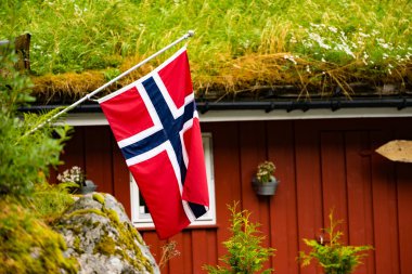 Norveç bayrağı, çatısı çimen kaplı tipik kızıl kır evine doğru dalgalanıyor.