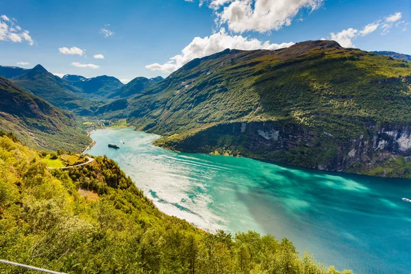 Fjord Geirangerfjord with cruise ships, Norway. Travel cruising.