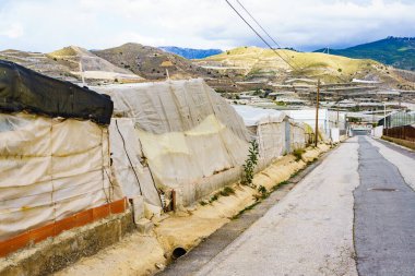 Plastik seralar arasında asfalt yolu olan İspanyol manzarası. Almerya bölgesi, Endülüs İspanya.