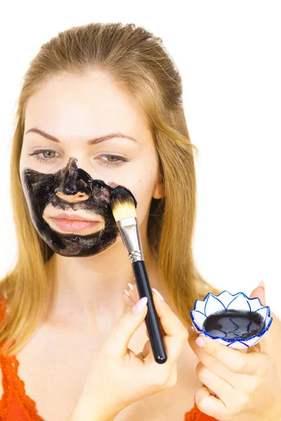 Young Female Being Apply Brush Charcoal Mask Black Detox Mud — Stock Photo, Image