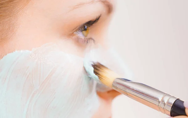 Young Woman Applying Brush Green White Mud Mask Her Face — Stock Photo, Image