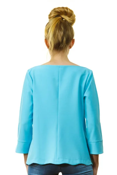 Vuxen Kvinna Presenterar Sin Casual Vacker Outfit Långärmad Blå Topp — Stockfoto