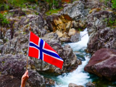 Norveç bayrağını taşların doğasına karşı elinde tutan bir turist.