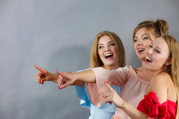 Three Young Fashionable Adult Female Friends Models Pointing Gray — Stock Photo, Image