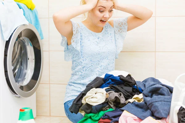 Unhappy Woman Bathroom Pile Dirty Clothes Laundry Damaged Washing Machine — Stock Photo, Image