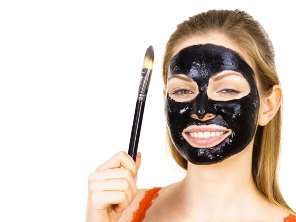 Young Woman Applying Brush Black Detox Peel Mask Her Face — Stock Photo, Image