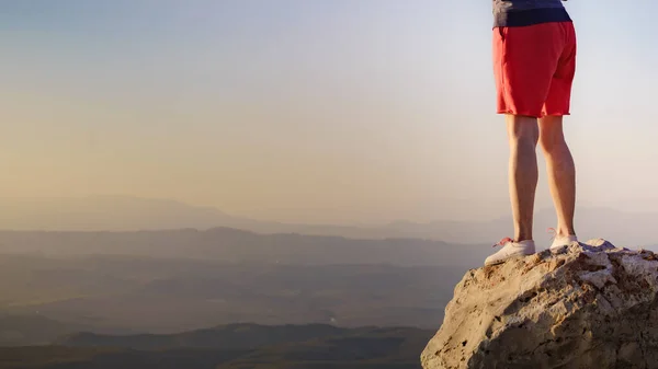 Tourist Woman Legs Rock Viewpoint Enjoying Sunset Landscape Mesa Roldan — Stock Photo, Image