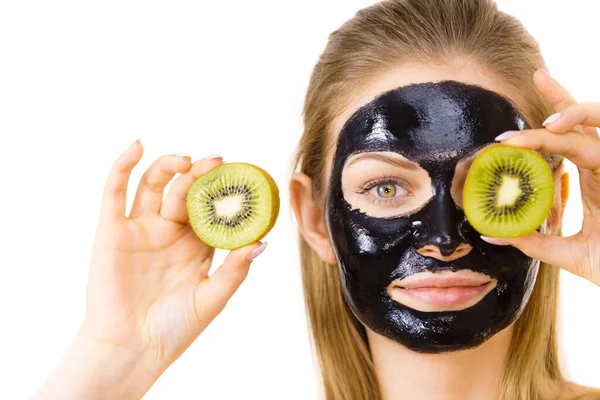 Young Woman Carbo Black Peel Mask Her Face Holding Kiwi — Stock Photo, Image