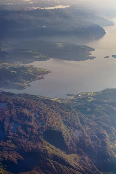 Vista Avião Para Paisagem Fiordes Norwegian Aeronaves Que Sobrevoam Noruega — Fotografia de Stock
