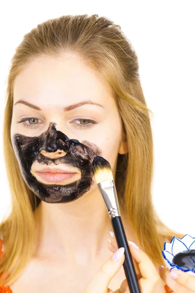 Young Female Being Apply Brush Charcoal Mask Black Detox Mud — Stock Photo, Image