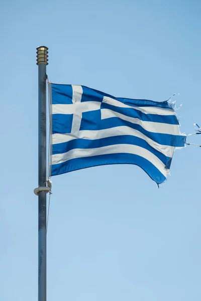 Close Blue Nad White Greek Flag Waving Wind National Landmark — Stock Photo, Image