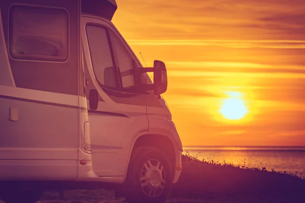 Camper Sunrise Mediterranean Coast Costa Del Sol Andalucia Spain Camping — Stock Photo, Image