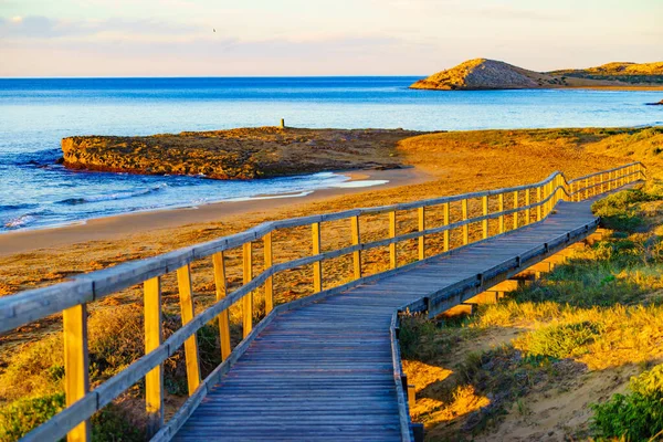 Strandstrand Med Träväg Till Havsvatten Cala Magre Calblanque Regional Park — Stockfoto