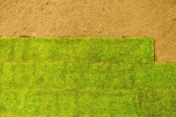 Gardening Laying Sod New Lawn Applying Turf Carpet Backyard Aerial — Stock Photo, Image