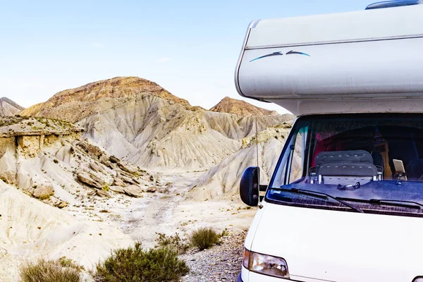 Caravan Vehicle Camping Tabernas Desert Almeria Province Andalusia Spain Traveling — Stock Photo, Image