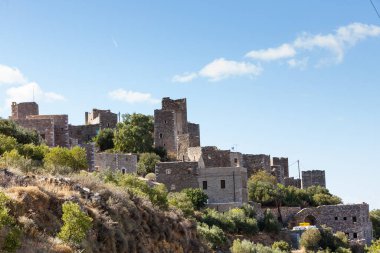 Yunanistan Mani Yarımadası. Geleneksel stil taş kule. Laconia Moreloponnese, Avrupa