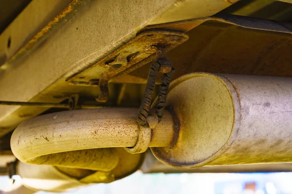 Detail View Old Damaged Rubber Hangers Car Exhaust Pipe Muffler — Stock Photo, Image