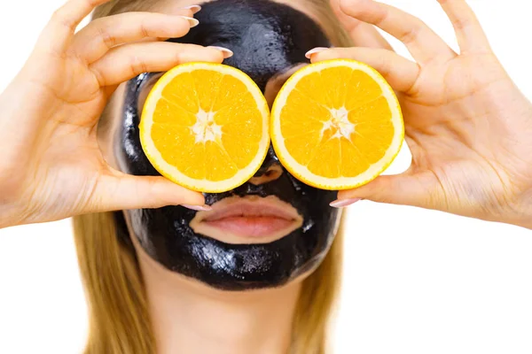 Woman Carbo Detox Black Peel Mask Face Holding Orange Fruit — Stock Photo, Image