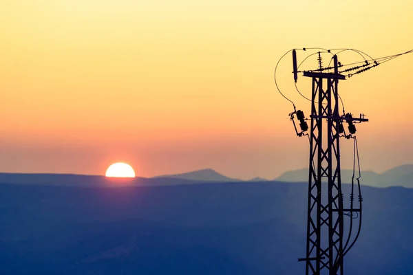 Coast Electricity Transmission Pylons Power Lines High Voltage Towers Sunset — Stock Photo, Image