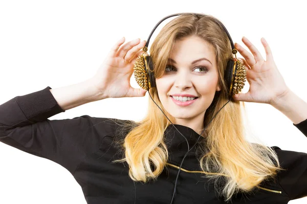 Teenager Young Grunge Woman Wearing Black Listening Music Headphones Spikes — Stock Photo, Image