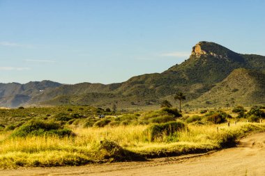 Akdeniz kıyısı manzarası, Murcia bölgesindeki İspanyol kıyı şeridi. Calblanque Bölge Parkı. Turist eğlencesi.
