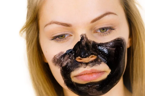 Young Woman Applying Carbo Detox Black Mask Her Face Teen — Stock Photo, Image