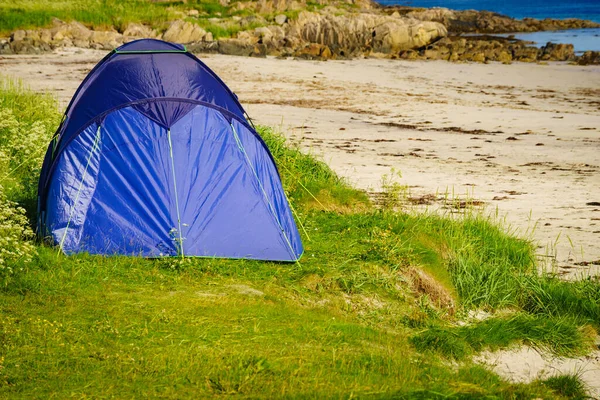 Tent on beach seashore in summer. Camping on ocean shore. Lofoten archipelago Norway. Holidays and travel.