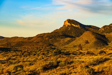 Akdeniz kıyısı manzarası, Murcia bölgesindeki İspanyol kıyı şeridi. Calblanque Bölge Parkı. Turist eğlencesi.